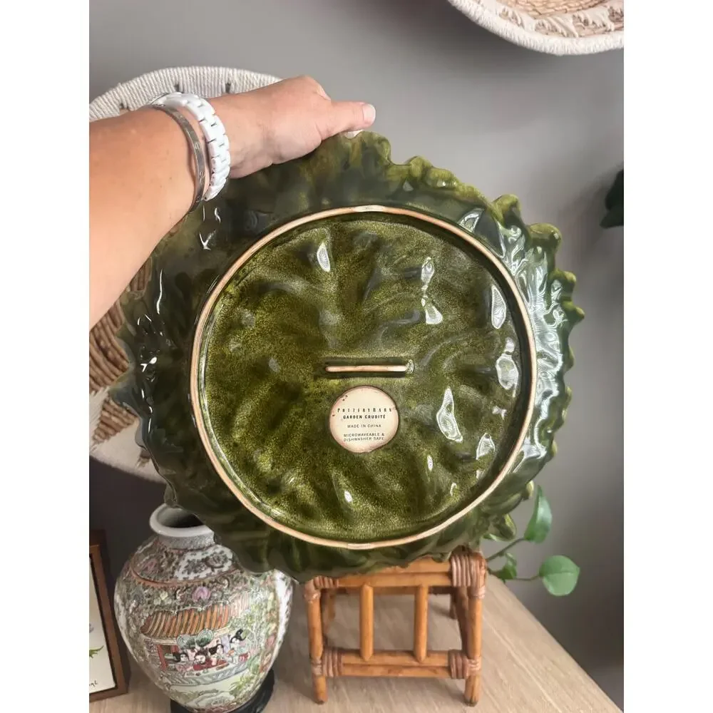 Vintage 1990s Pottery Barn Green Majolica Cabbageware Plate (15